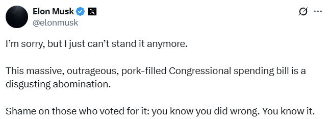 馬斯克發帖狠批「大而美法案」。(互聯網)