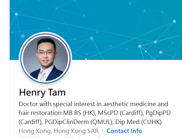 從譚品堯醫生的Linkedin見到,他在簡介一欄提到自己是一位對美容醫學和頭髮修復特別感興趣的醫生。