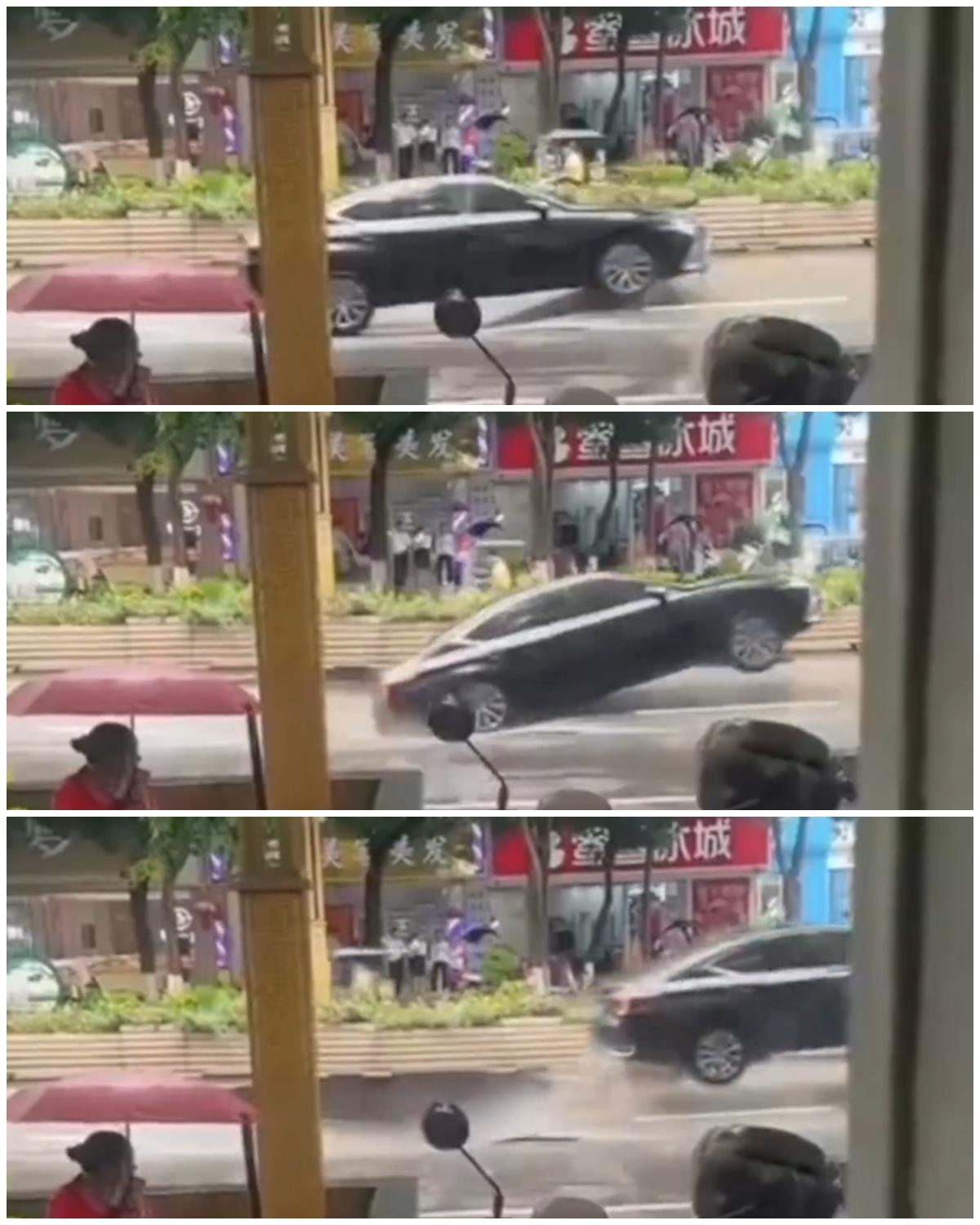 車身雖然下墜,但幸後輪撞上坑邊,整輛車彈起後重重著地。(微博)