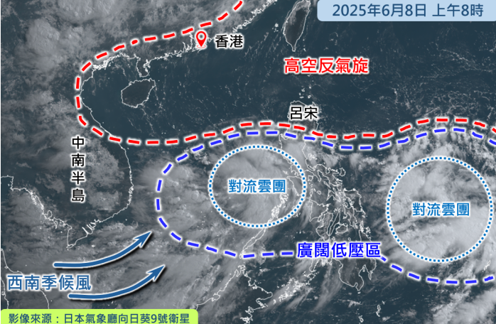 南海北部及廣東沿岸受高空反氣旋支配,天氣普遍晴朗。(天文台)
