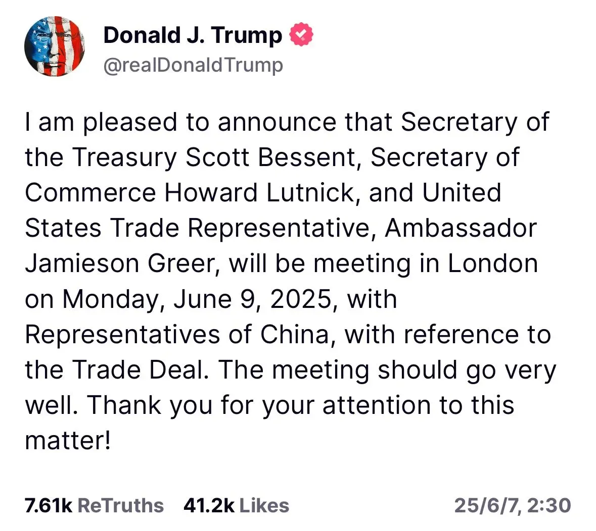 特朗普在社交媒體發文,表示談判有望順利進行。(Truth Social截圖)