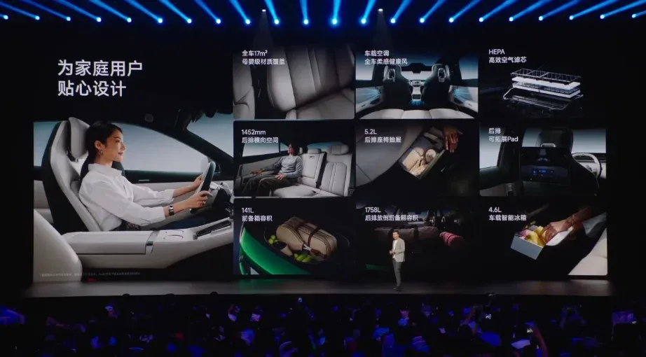 內飾方面,全車36處儲物收納,最大儲物容積1970L。(小米發布會截圖)