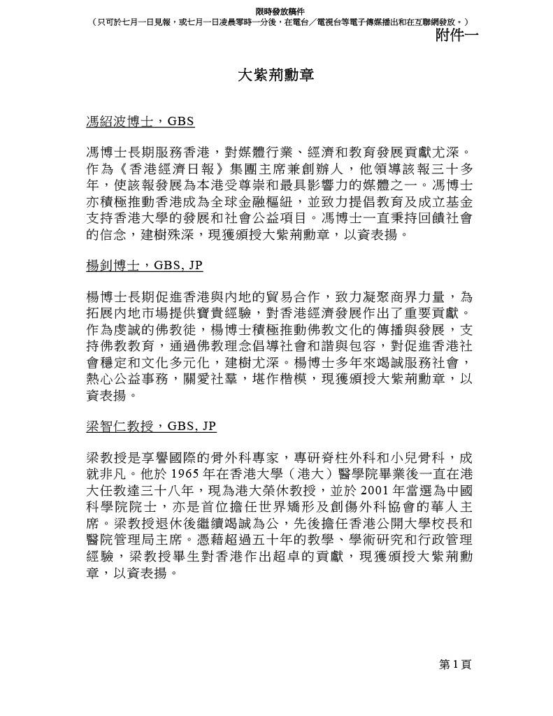 2025年大紫荊勳章名單。