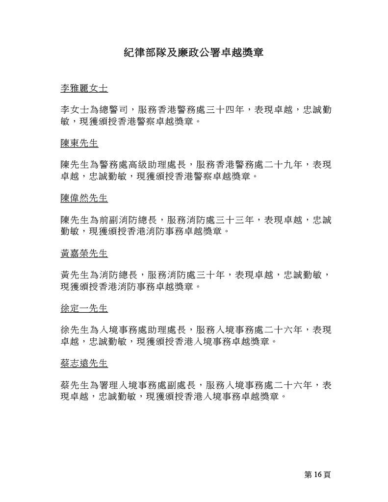 2025年紀律部隊及廉政公署卓越獎章名單。