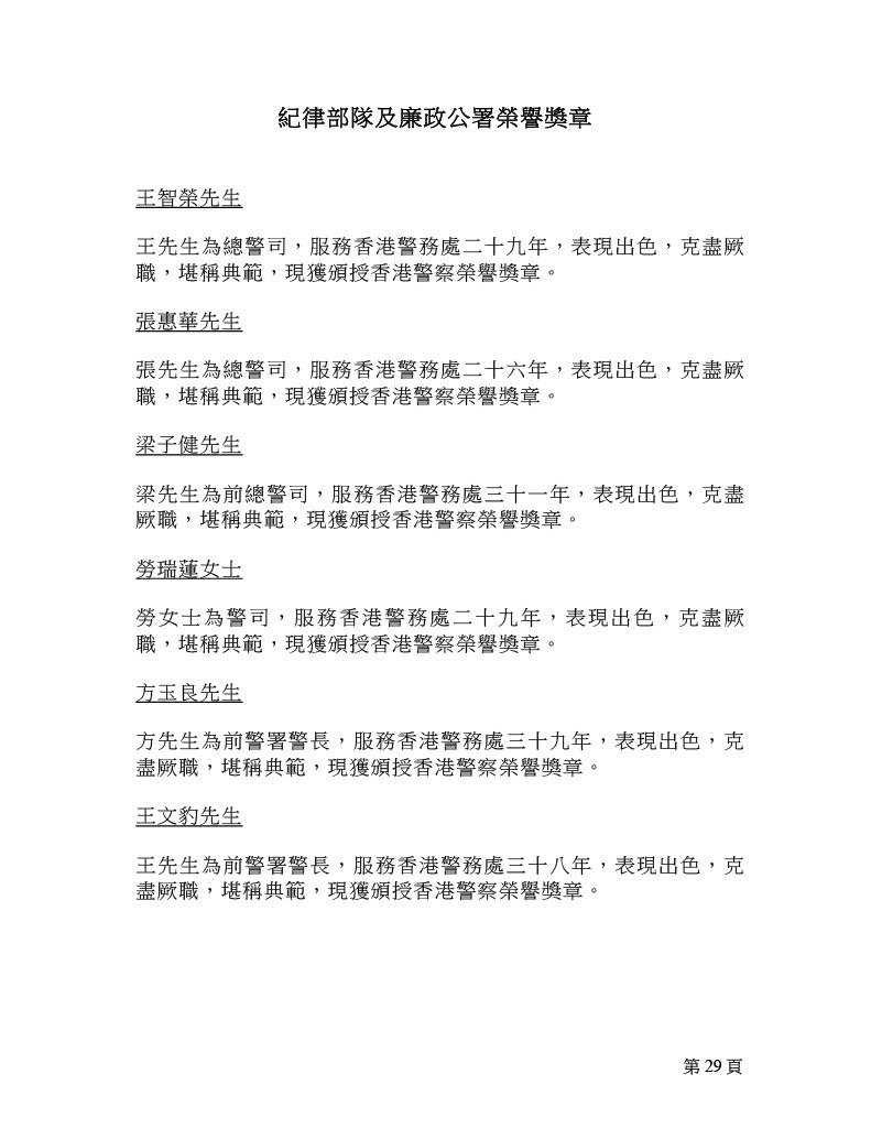 2025年紀律部隊及廉政公署榮譽獎章名單。