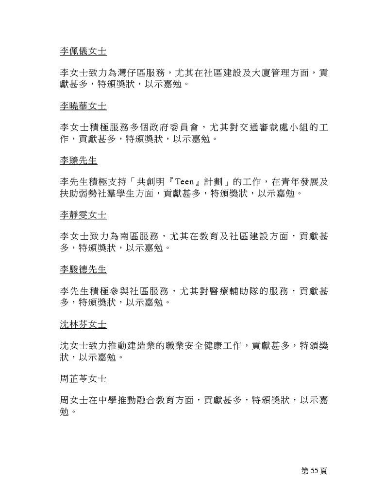 2025年行政長官社區服務獎狀名單。