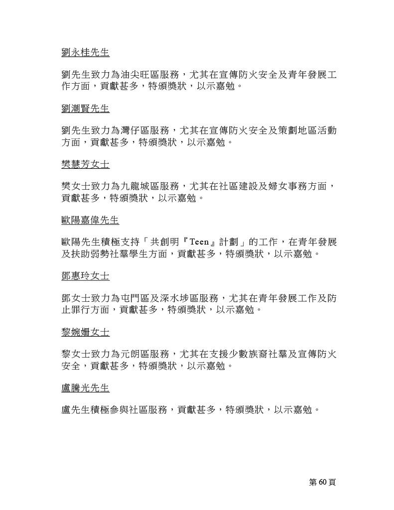 2025年行政長官社區服務獎狀名單。