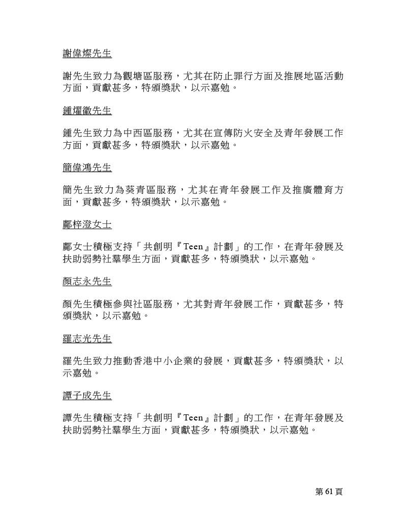 2025年行政長官社區服務獎狀名單。