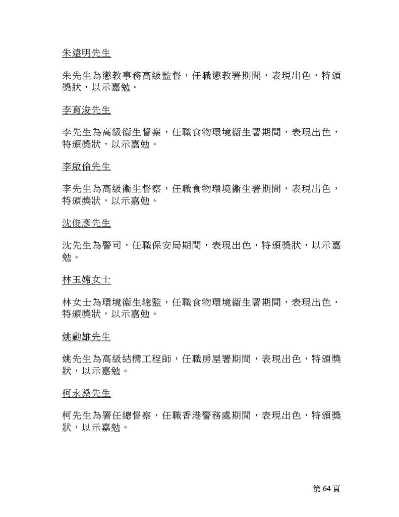 2025年行政長官公共服務獎狀名單。