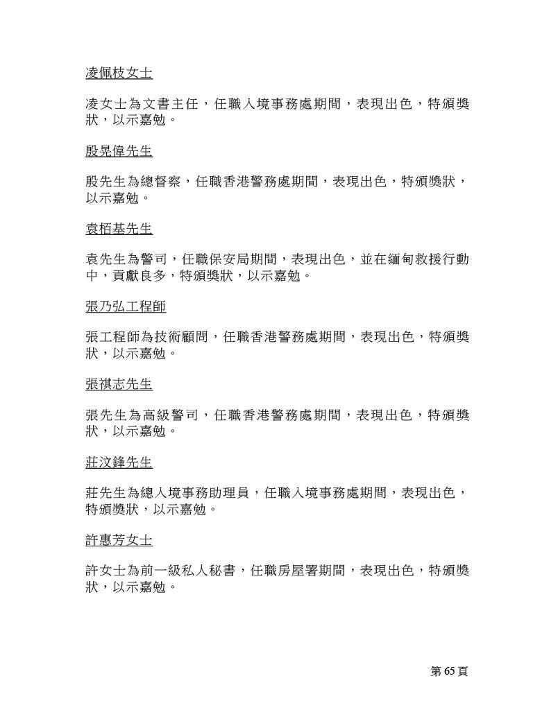 2025年行政長官公共服務獎狀名單。