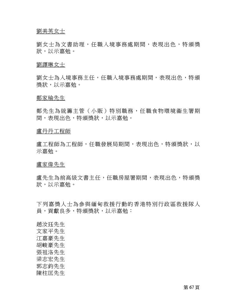 2025年行政長官公共服務獎狀名單。