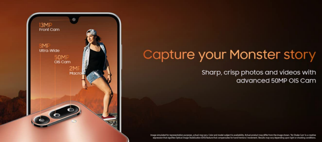 Galaxy M36 配備 6.7 吋 FHD+ AMOLED 顯示屏,支援 120Hz 自適應刷新率,表面覆蓋 Corning Gorilla Glass Victus+ 強化玻璃。水滴造型的開孔內藏 1,300 萬像自拍鏡頭,機身同時具備生活防水特性。