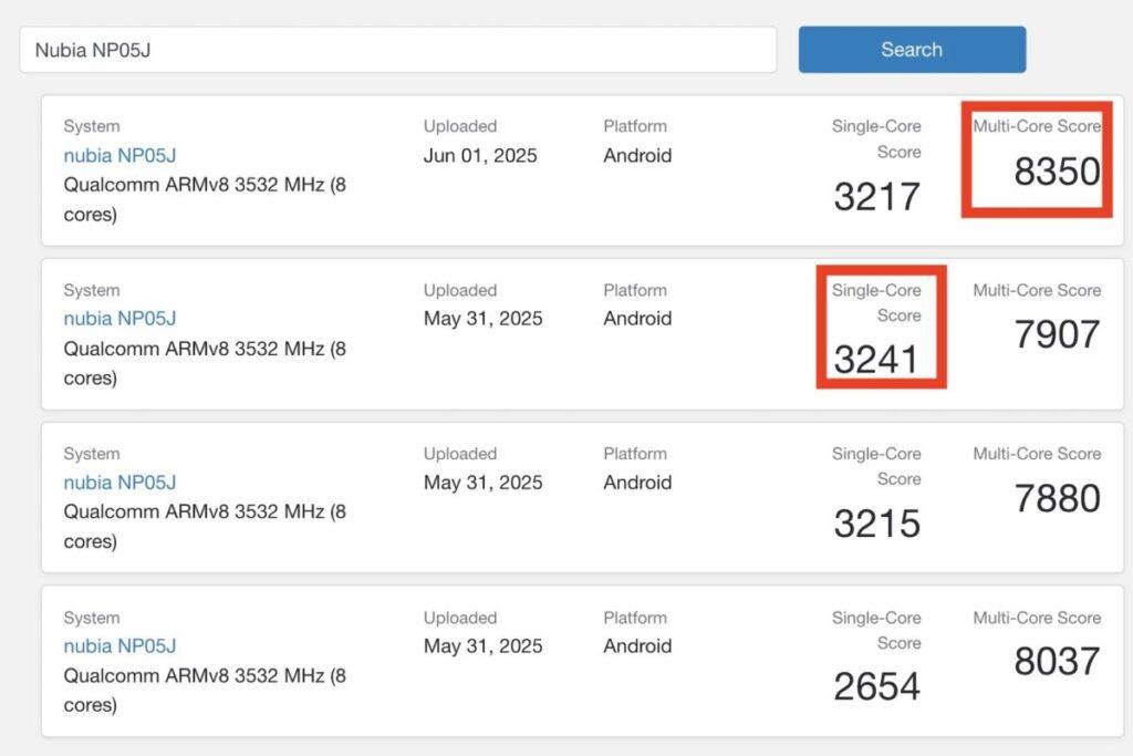 同期在 GeekBench 數據庫以關鍵字 nubia NP05J 搜尋,又可找到多個疑似紅魔電競平板 3 Pro 工程機的測試參數,暫時最高分為單核 3,241 及多核 8,350。