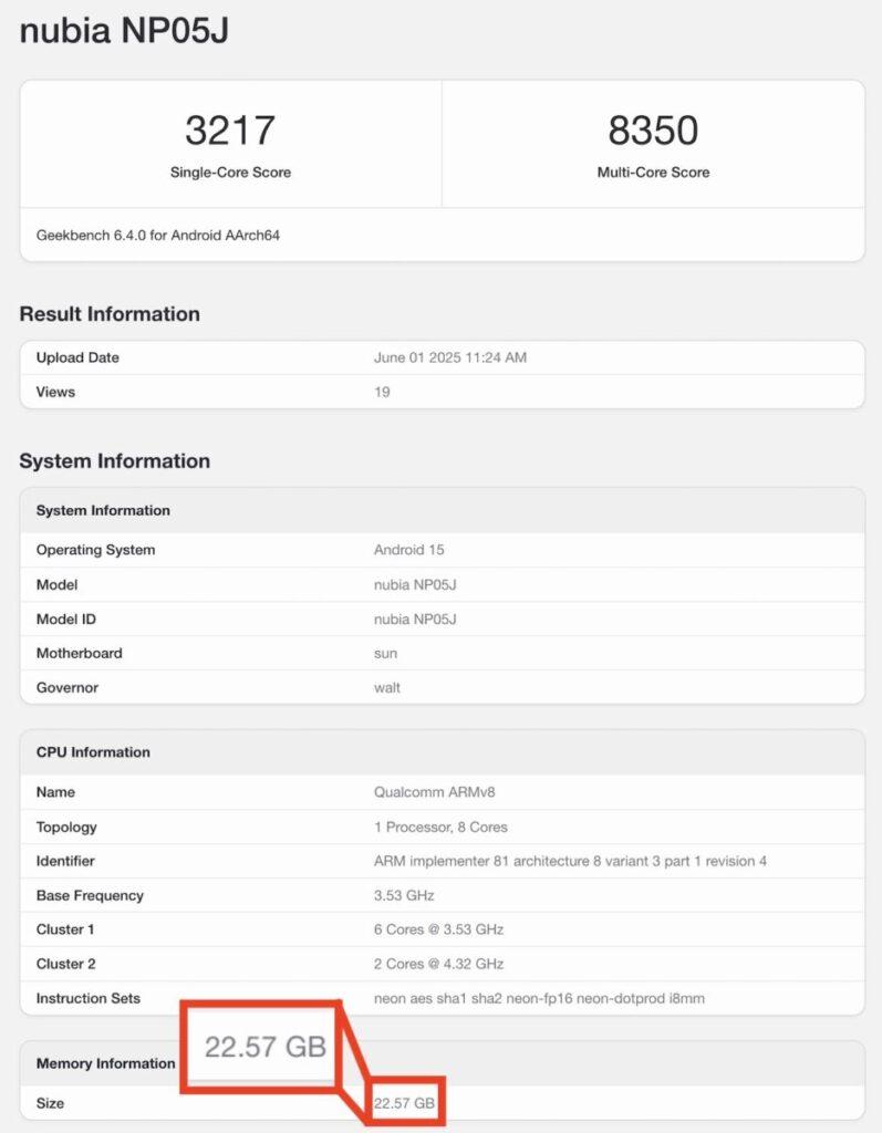 據紅魔電競平板 3 Pro 在 GeekBench 測試參數資訊,得知其配備主核時脈為 4.32GHz 的 S8 Elite 晶片,同時受測裝置擁有 24GB RAM 容量力壓同級競品。
