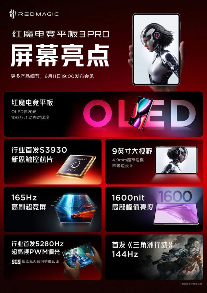 紅魔電競平板3 Pro 配備 9 吋 OLED 螢幕,除對應 1,600nit 峰值亮度,又確認支援 5,280Hz 高頻 PWM 調光、符合 SGS 低藍光無頻閃護眼認證,煲機更舒服。
