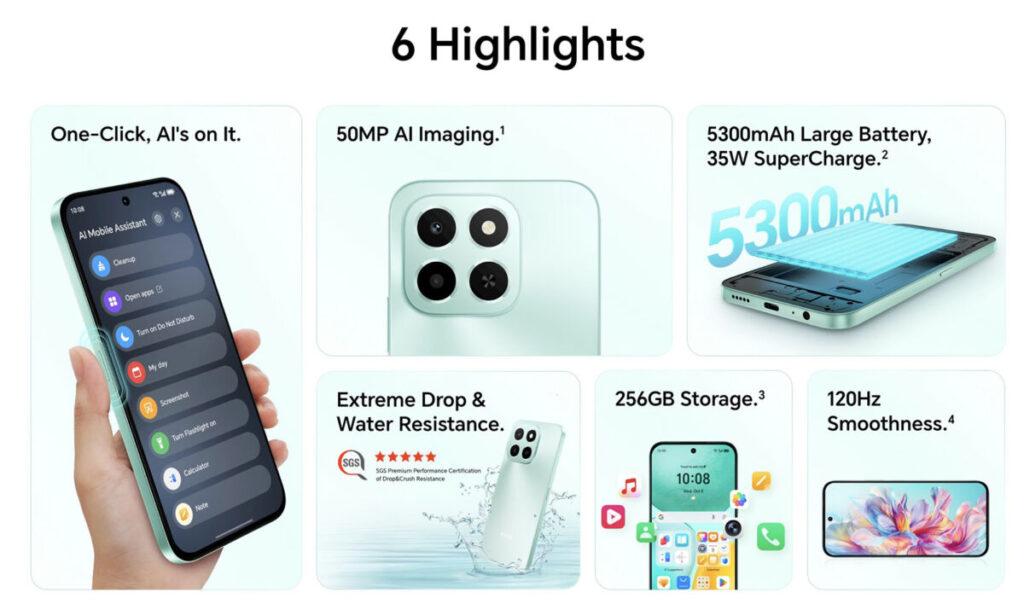 HONOR X6c 採聯發科 Helio G81 Ultra 晶片,配 6.61 吋 HD+ 120Hz IPS 屏幕,機背 50MP 雙鏡,內置 5,300mAh 電池及支援 35W 快充。