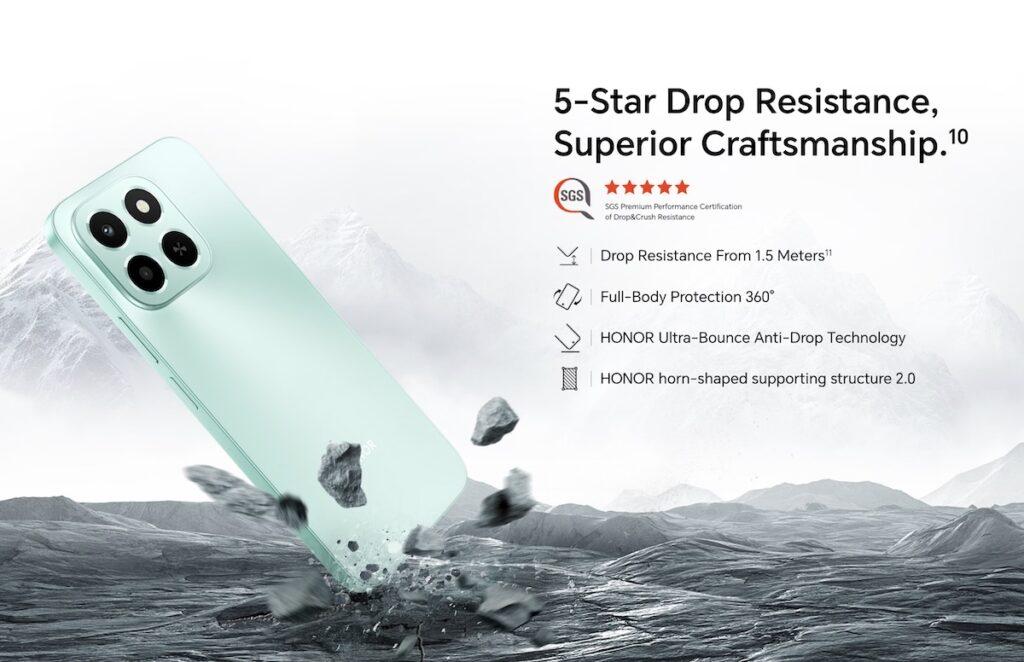 值得一提的是,HONOR X6c 獲 SGS 五星耐摔標準,機身具 1.5 米抗跌表現、又具 IP64 抗水防塵功能,高耐用設計日常使用更安心。