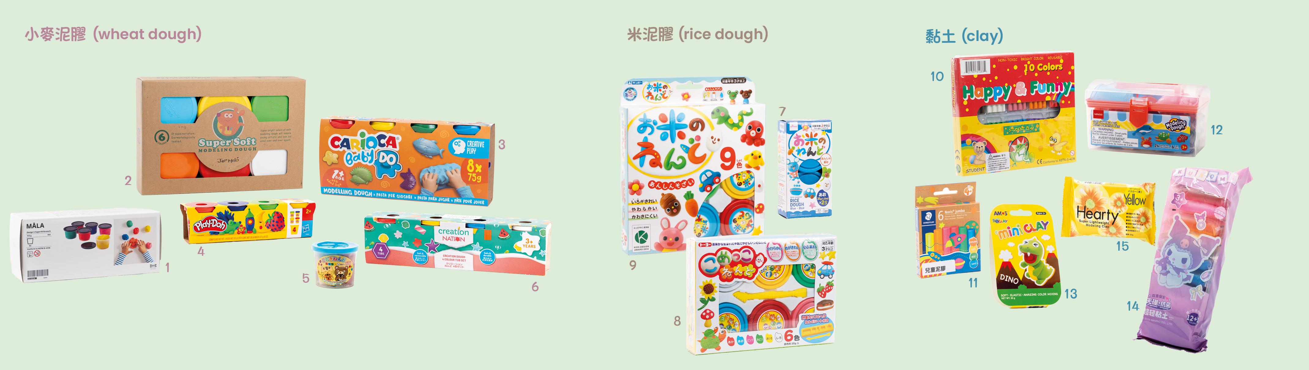 消委會測試的15款泥膠及黏土玩具。(消委會提供)