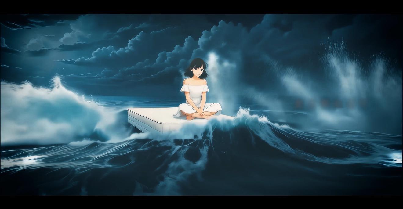 李蘊新歌MV採用AI動畫技術呈現末日寓言,女主角乘床褥在海嘯中漂流求生。