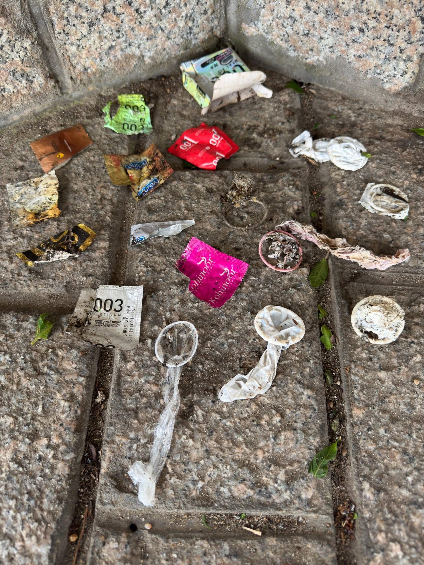 一批熱心市民趁父親節當天組隊在三號風球下登上飛鵝山行山清理山野垃圾,途中發現大量避孕套及過千支煙頭,甚至出現曾使用過驗孕棒。(the_night_spyder@Threads)