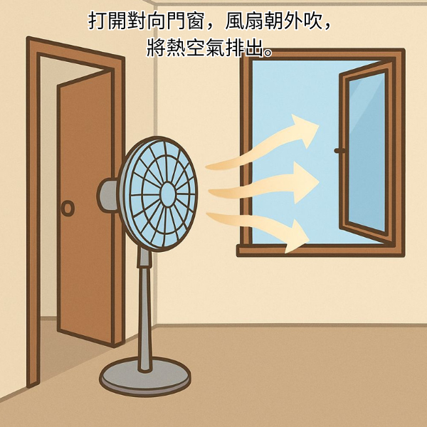 打開對向門窗,風扇朝外吹,熱空氣瞬間排出。