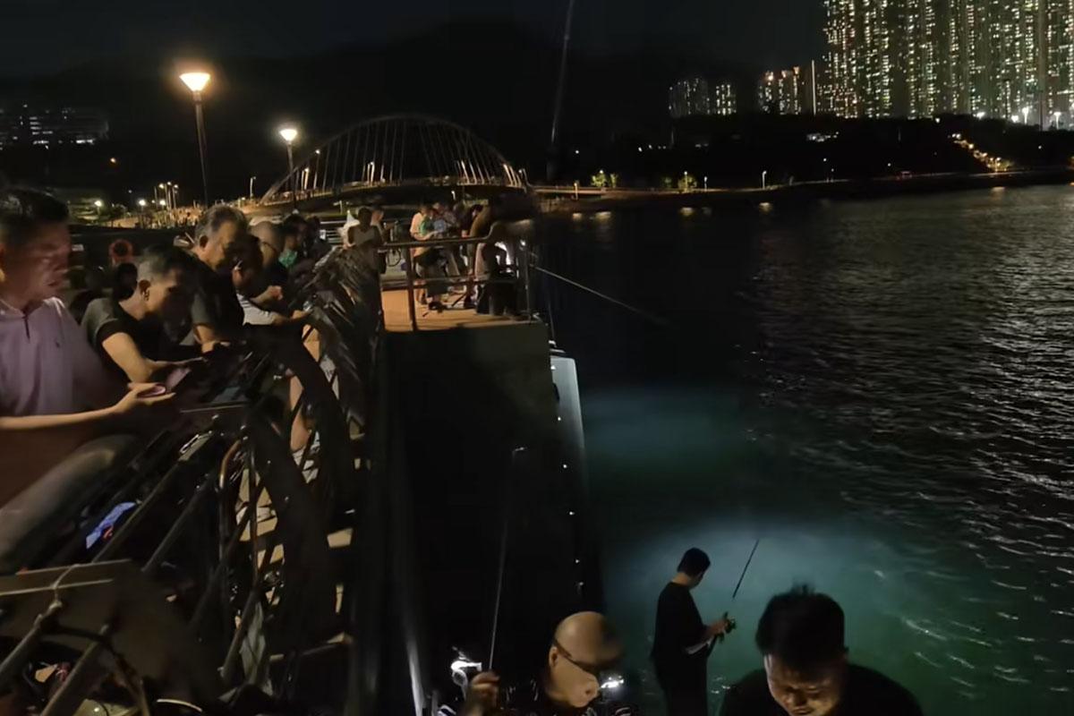 從現場片段所見,將軍澳海濱長廊的釣友們吸引到其他街坊圍觀。(FB群組「將軍澳主場」)