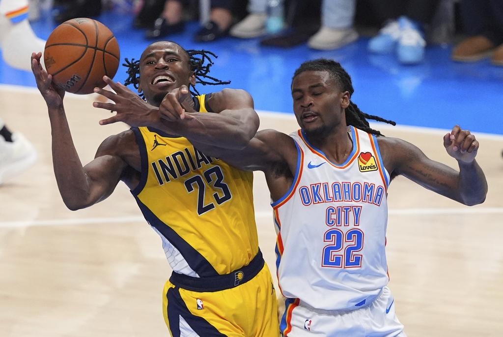 NBA總決賽第一場,溜馬111:110擊敗雷霆。(美聯社)