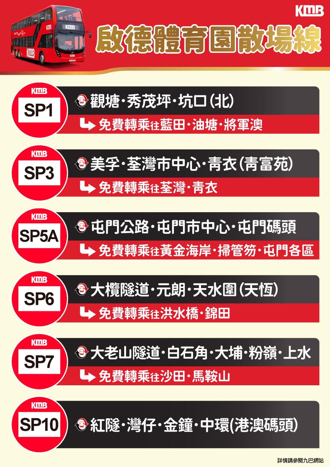 為方便乘客散場後前往不同地區,九巴將於周二開辦六條特別線。