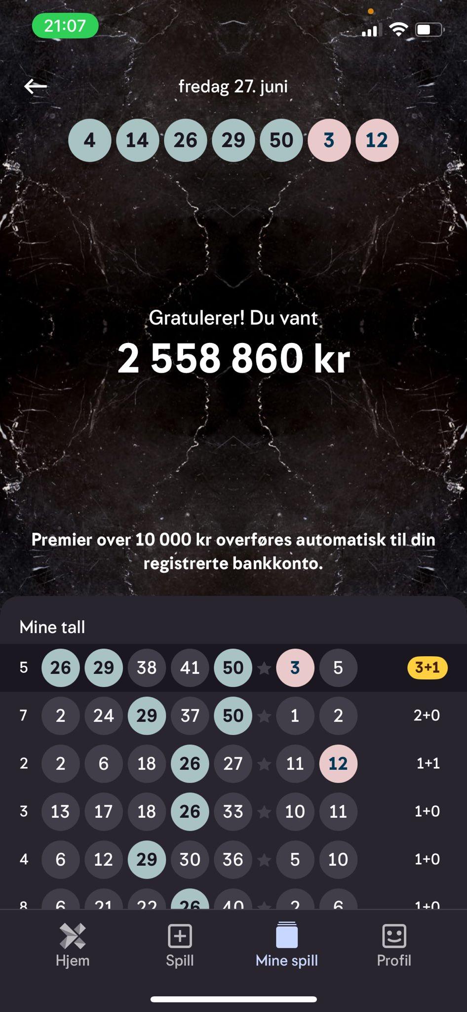 挪威網民分享誤以為中大獎的截圖。