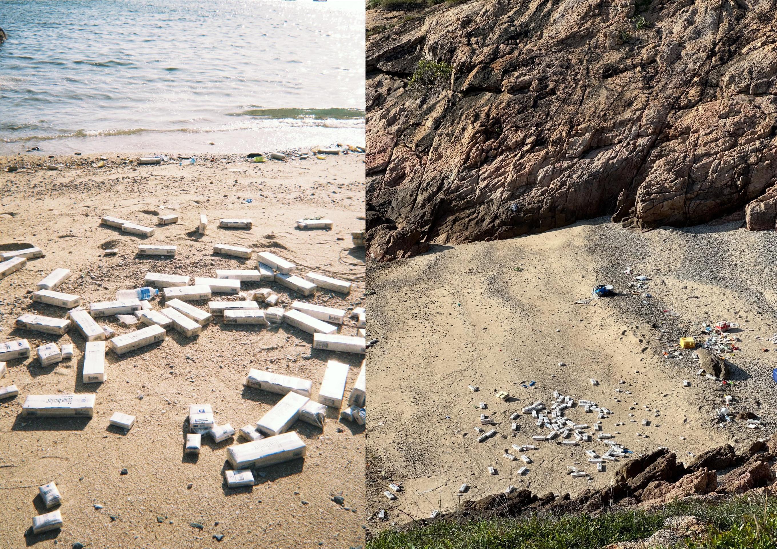 蒲台島海灘驚現大批懷疑私煙擱淺。(Threads「seeenatsang」圖片)