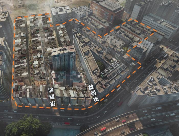 「小區重建新社區」原址由密密麻麻的舊樓群組成,缺乏綠化空間。(市建局圖片)
