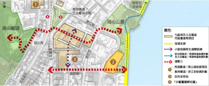 市民可從「小區重建新社區」的西面,經過小區再沿庇利街用地,直達海心公園,以及土瓜灣海濱空間。(市建局圖片)