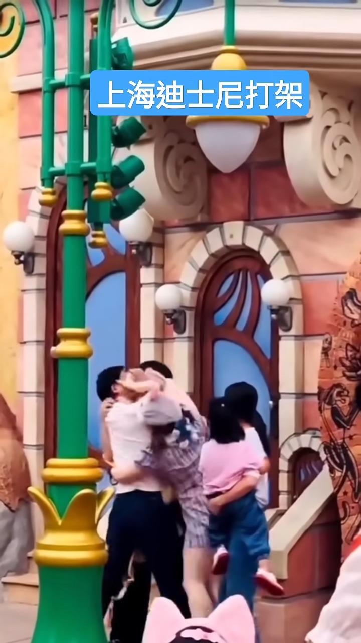 上海迪士尼MMA,兩個成年男子扭成一團。(影片截圖)