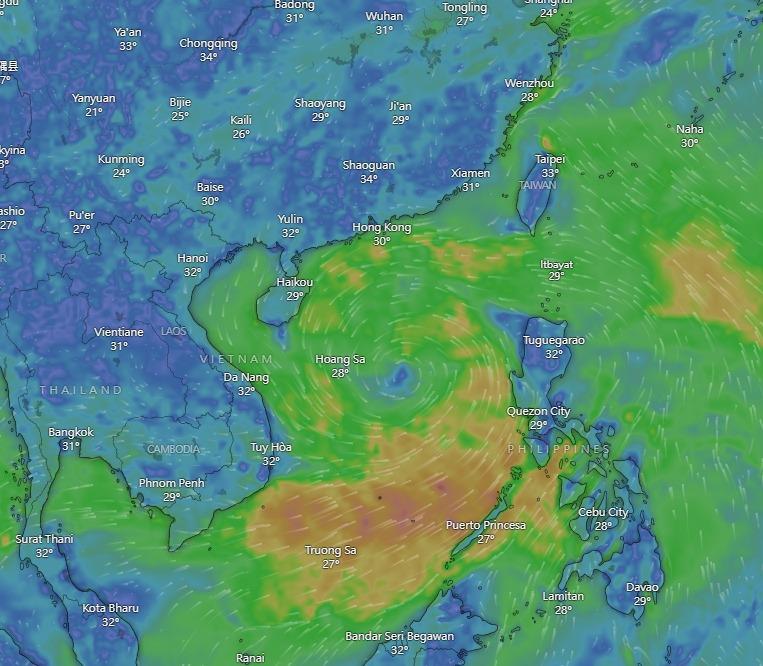 Windy預測「蝴蝶」周二路徑及位置