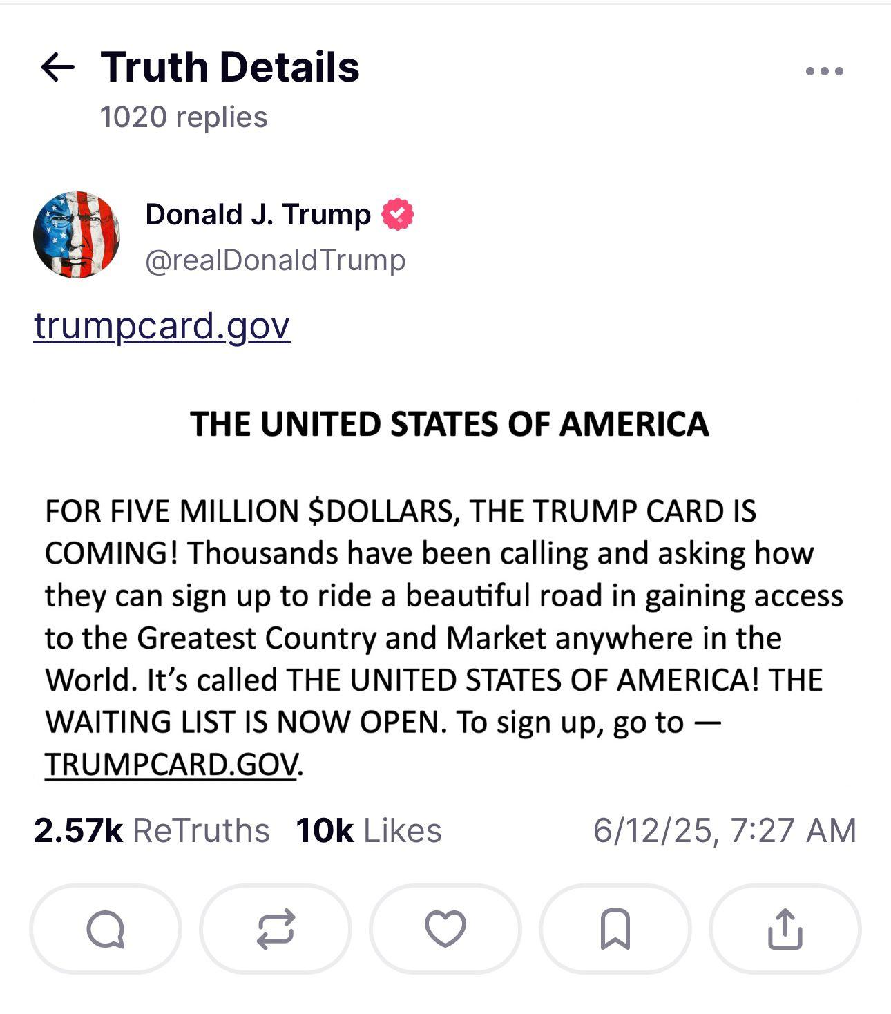 特朗普正式推出「金卡」移民計劃官方登記網站。(Truth Social截圖)