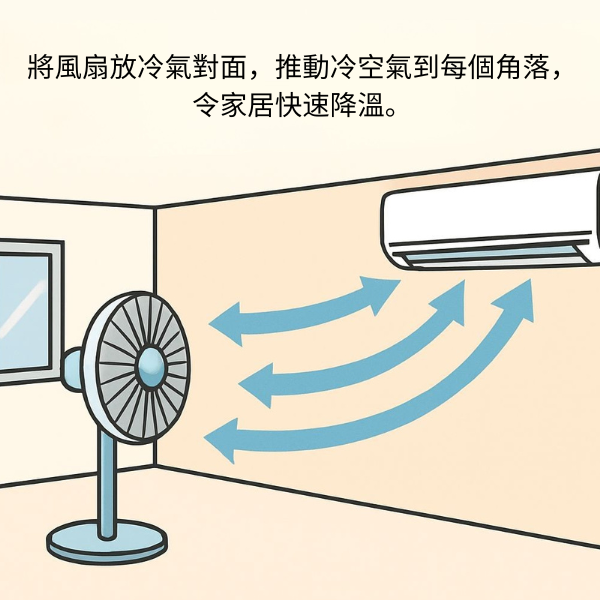 將風扇放冷氣對面,推動冷空氣到每個角落,快速降溫。