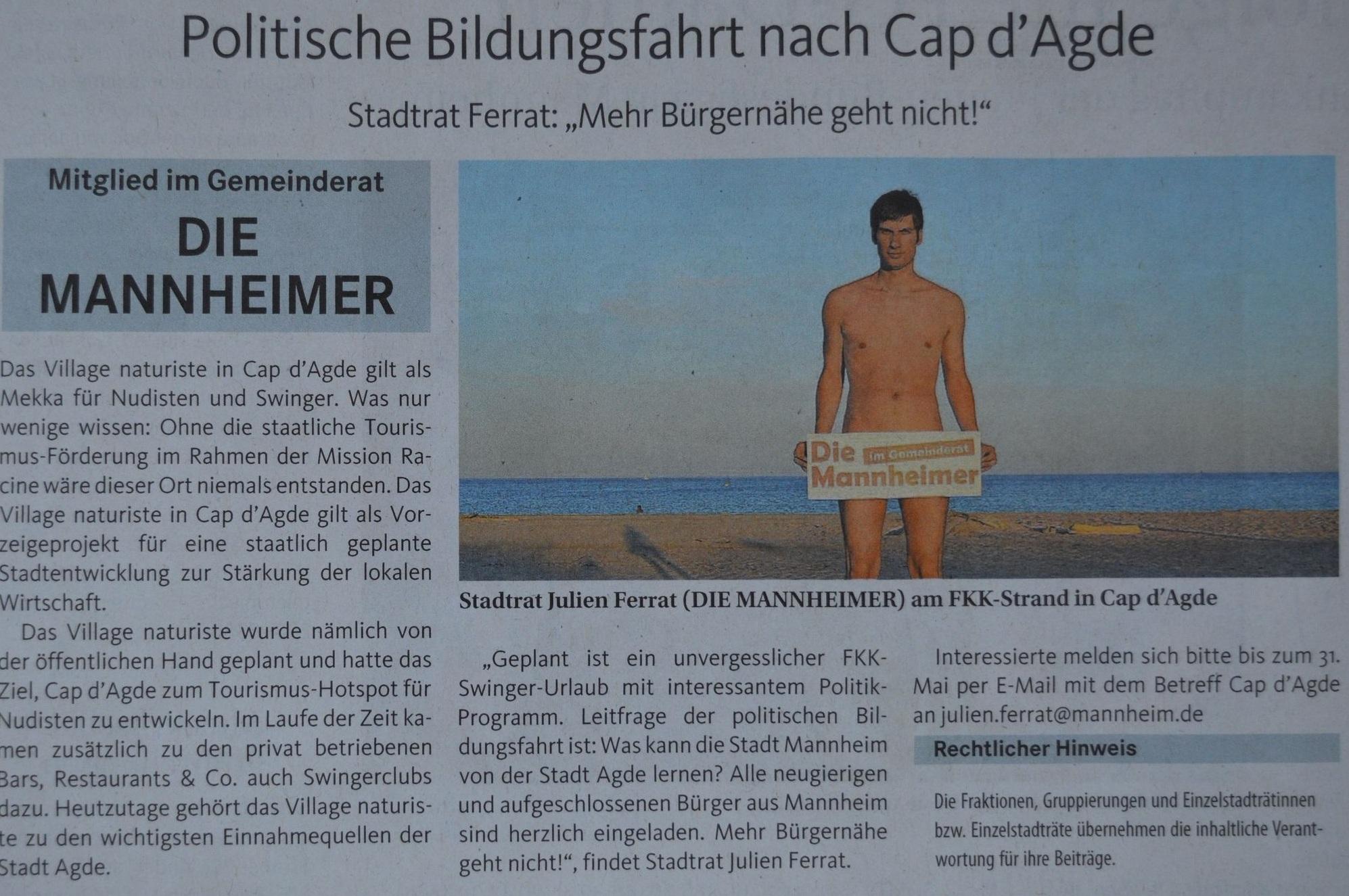 德國曼海姆市議員費拉特近日宣布,將率團前往法國交換伴侶愛好者聖地、阿德格角(Cap d'Agde)天體度假村,包括參加一場露天性愛訓練營,引起熱議。(互聯網)