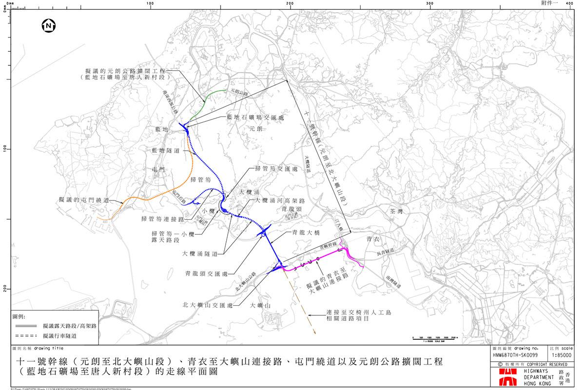 全條十一號幹線包括青龍大橋的走線平面圖。(區議會文件截圖)