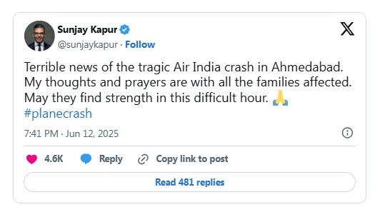 卡普爾出事前發文悼念印度空難死難者。(互聯網)