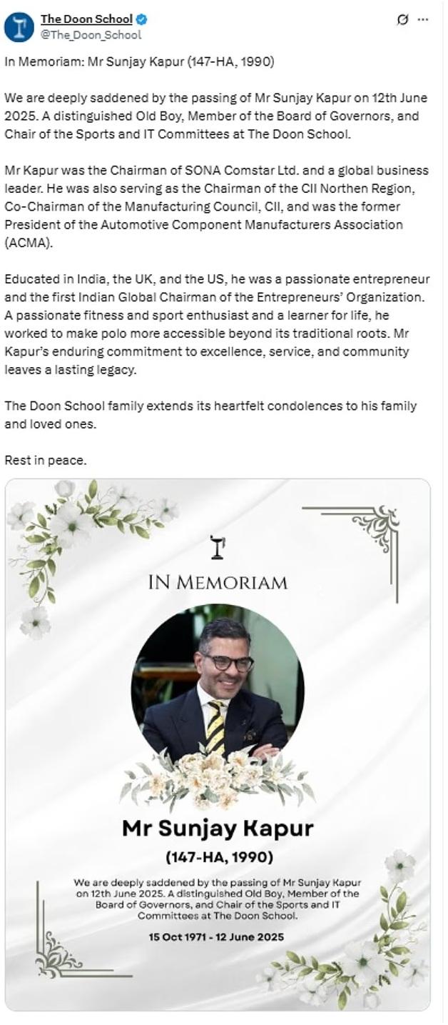 卡普爾中學母校發文悼念。(互聯網)