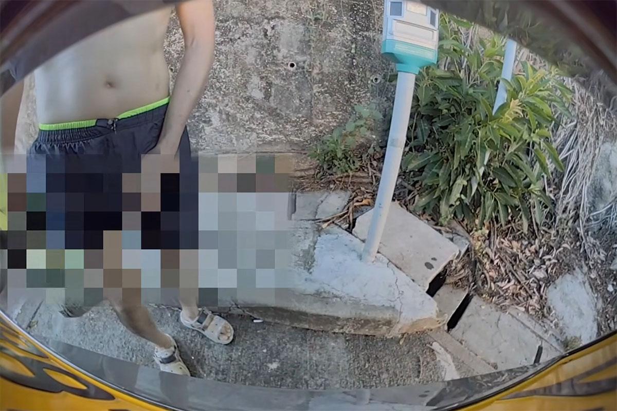 黃金泳灘附近一個停車場,日前有中年漢走到私家車車尾即場小便。(FB群組「車cam L(香港群組)」影片截圖)