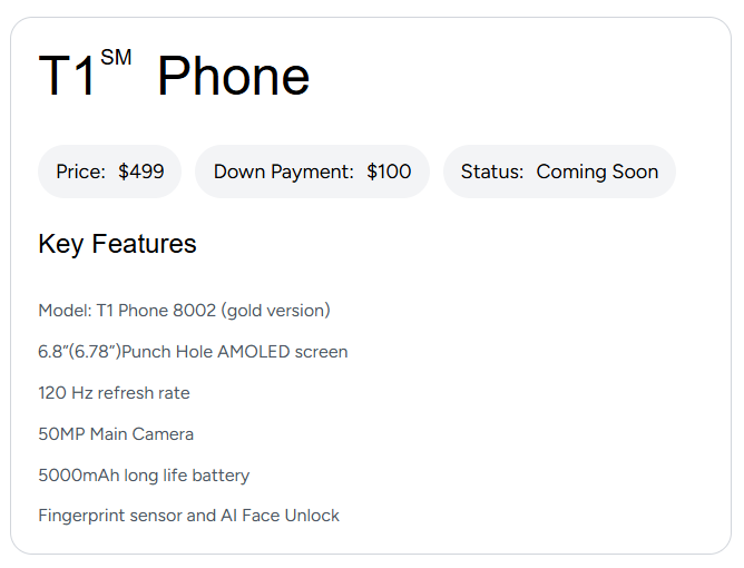 Trump Mobile T1 Phone主要規格。