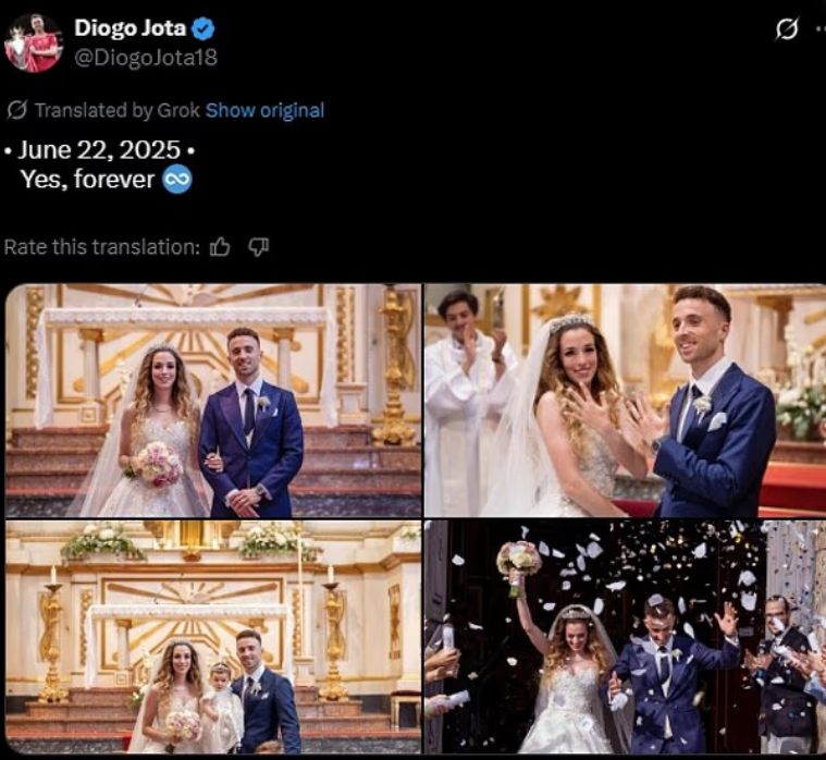 出事前5天,迪亞高祖達在社交平台X分享當日的婚禮照片。(互聯網)