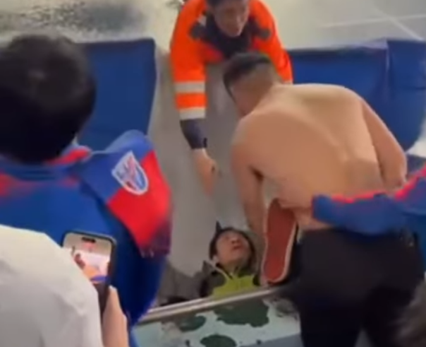 赤膊的男子衝上前繼續毆打對方。(影片截圖)