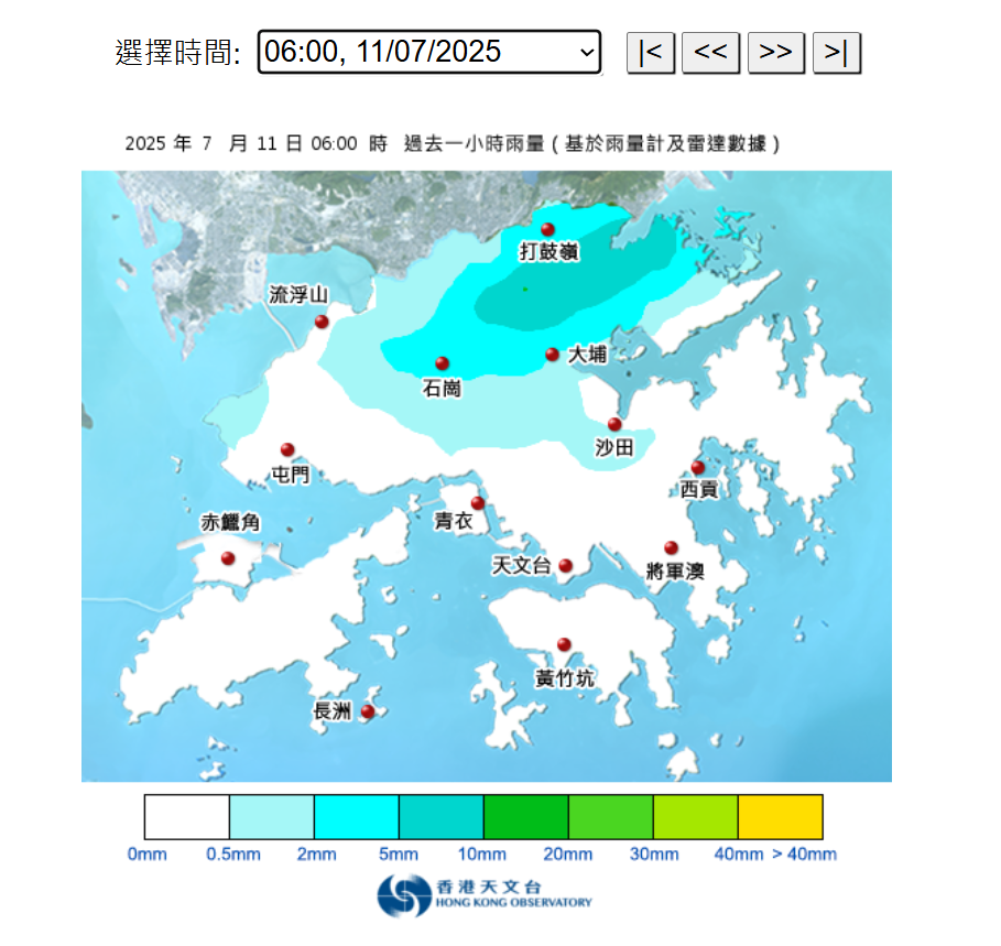 天文台雨量分佈圖顯示,在今早6時,僅新界北部一帶有降雨。