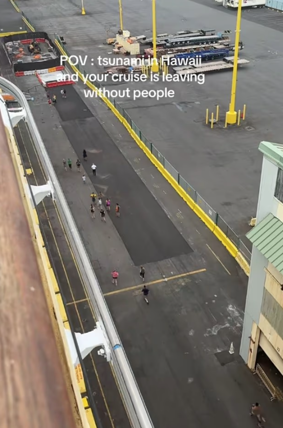 海嘯警報發出後,據報夏威夷有郵輪未等及所有乘客上船就開走。有片段可見乘客在碼頭狂奔。(互聯網)