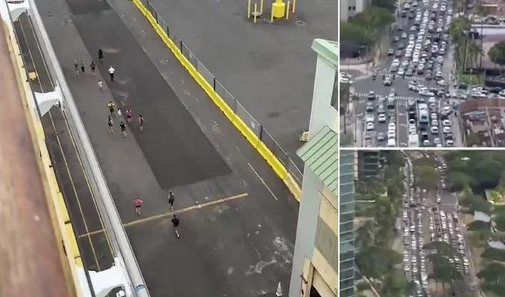 海嘯警報發出後,據報夏威夷有郵輪未等及所有乘客上船就開走。有片段可見乘客在碼頭狂奔,另可見馬路大塞車。(互聯網)