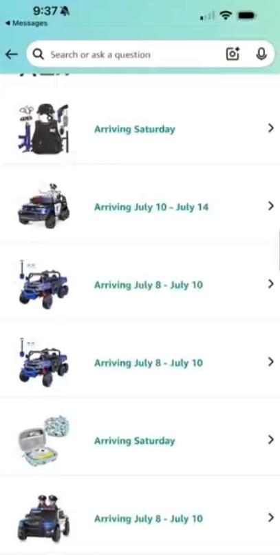 根據訂單列表,兒子買了7部兒童可騎乘的玩具車、各種玩具多達31件。(X)