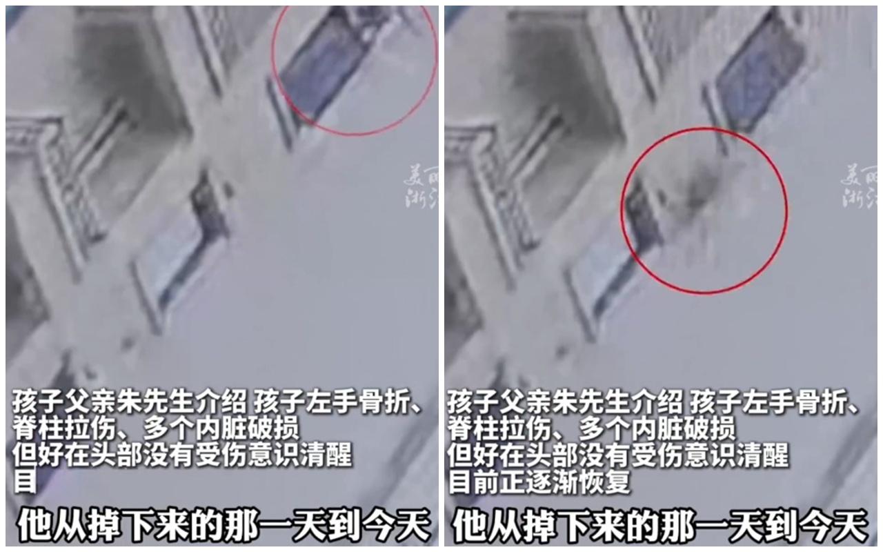 物業監控顯示男童墮樓一刻。(微博)