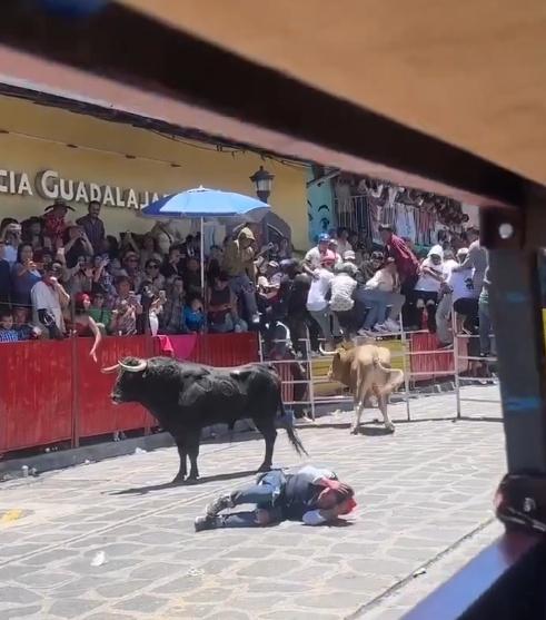 男子被雙牛夾擊後重摔倒地、血流如注。(X)